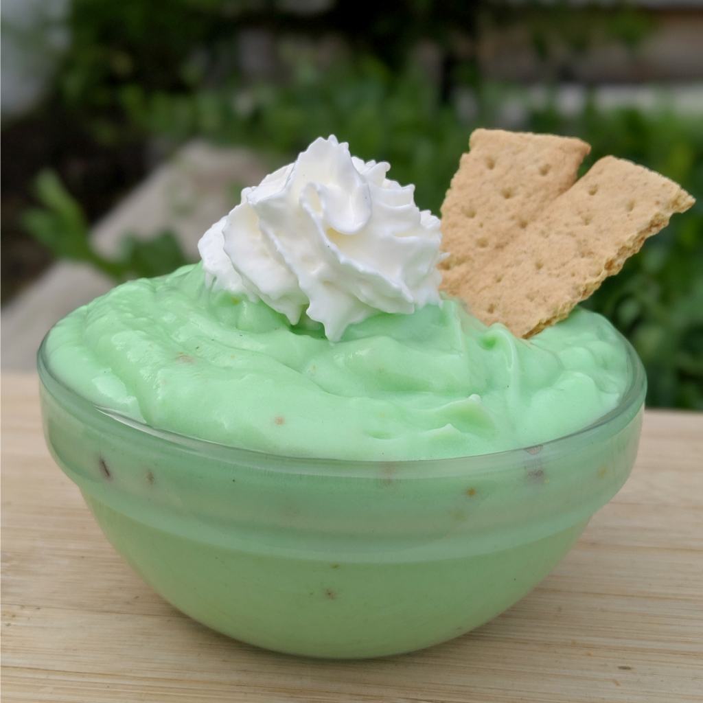sugar free pistachio pudding with whipped cream and graham crackers