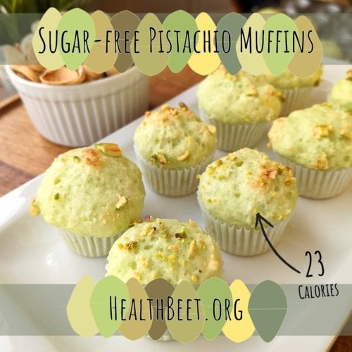 Pistachio and Arrow pointing to 23 calorie mini muffin