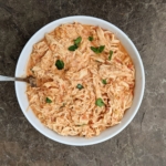 bowl full of creamy crockpot salsa chicken