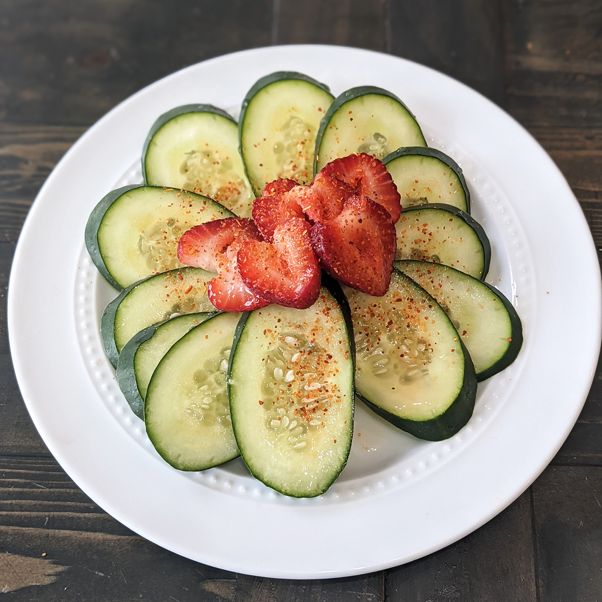 Healthy Chili Lime Strawberries with Cucumber and Tajin Seasoning