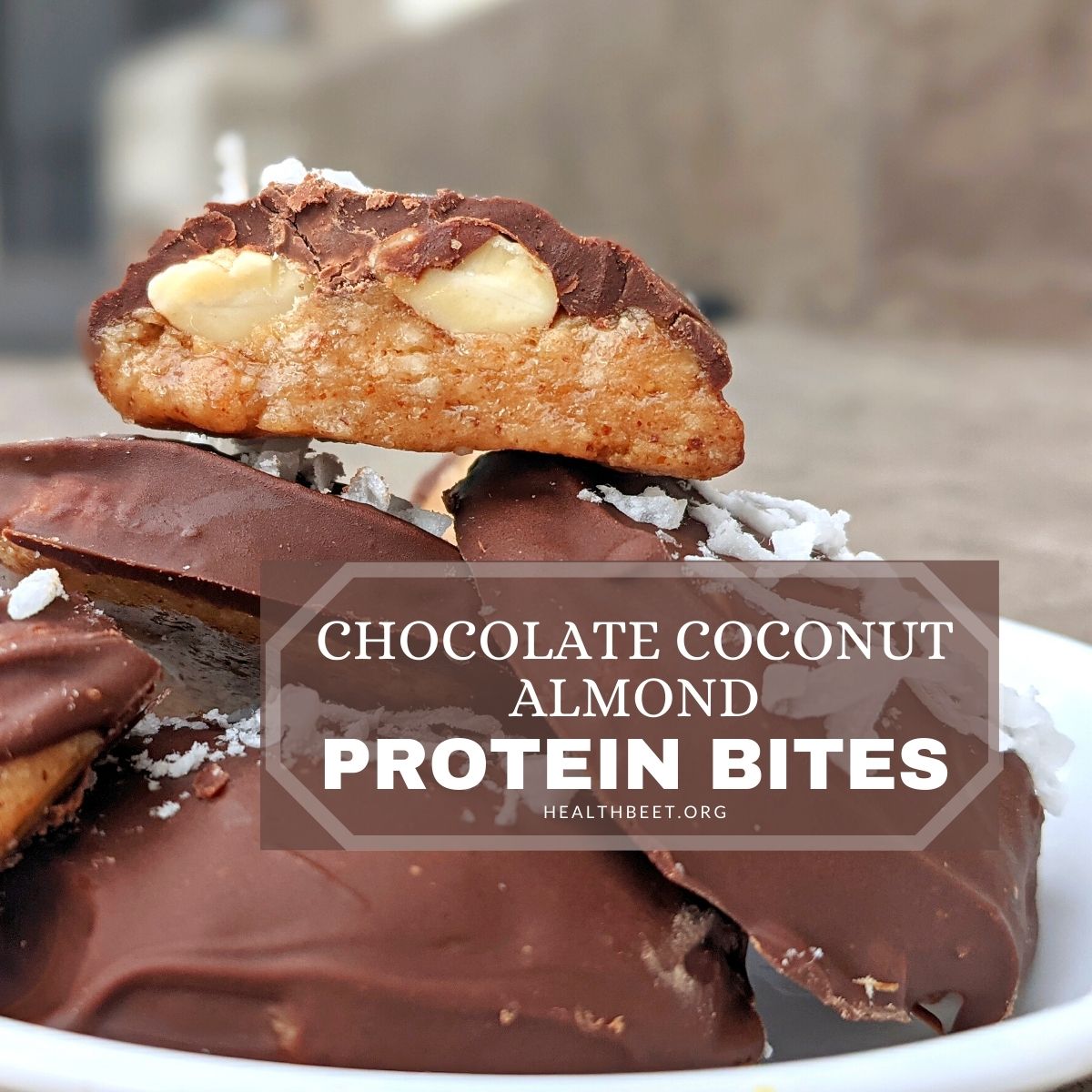 chocolate almond coconut protein bites square