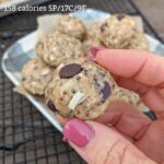 one chocolate chip protein ball square with calories and macros