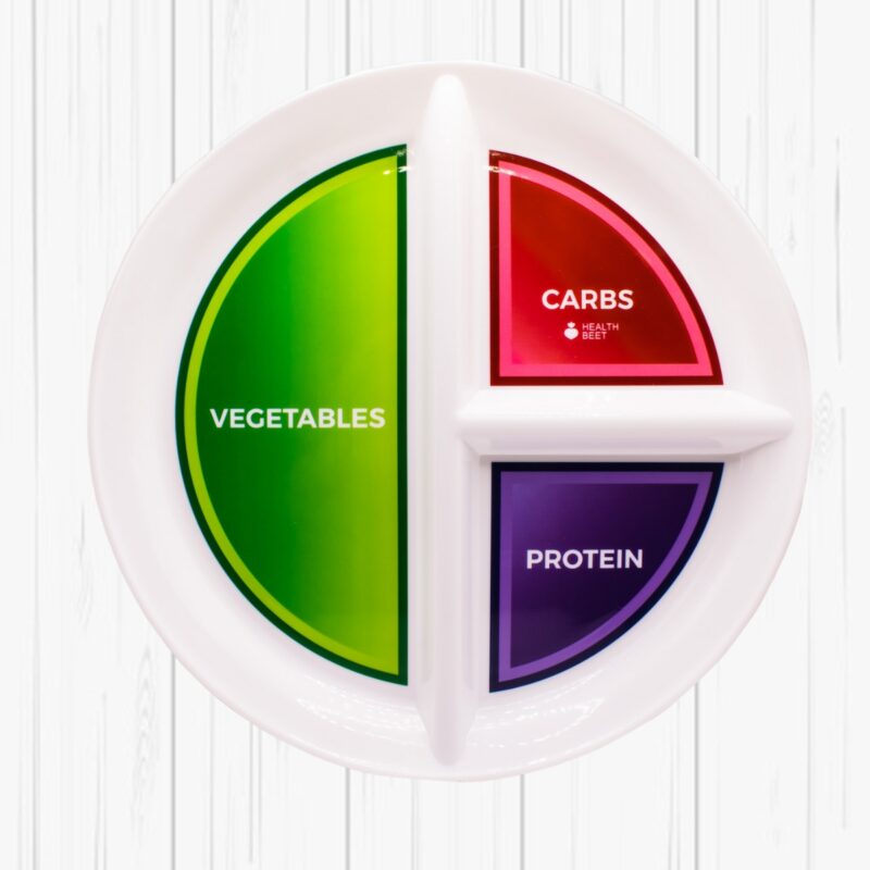 Diabetes portion control plate with wood background for weight loss and healthy eating