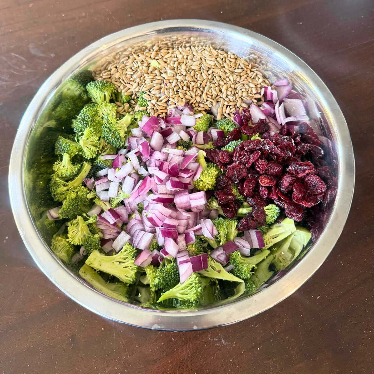 All the ingredients in broccoli salad