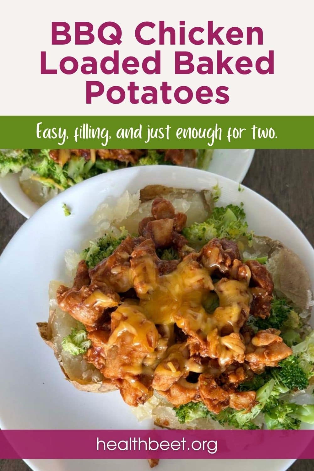 Need easy high protein dinner ideas for two? These BBQ Chicken Baked Potatoes are topped with tender BBQ chicken, broccoli, and melted cheddar cheese. Each serving has 33 grams of protein and just 349 calories. A filling, lower calorie dinner for empty nesters, couples, or anyone cooking smaller portions. Get the full recipe on Health Beet!