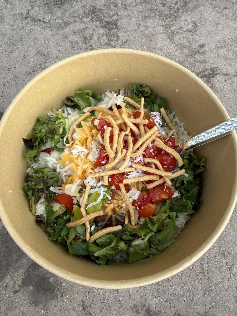 close up of hawaiian haystacks in a brown bowl with a fork